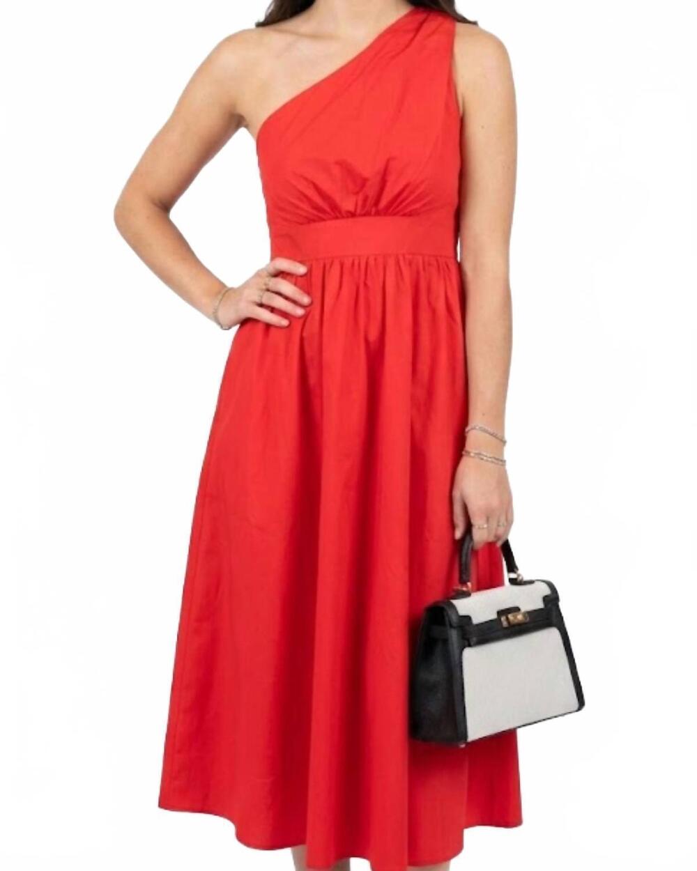 NEW MEET ME IN SANTORINI poplin one shoulder dress in red